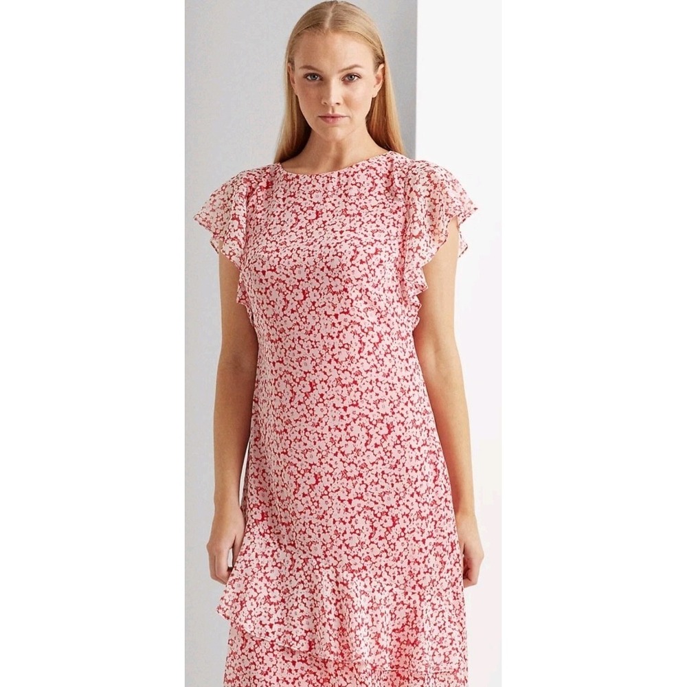 Lauren Ralph Lauren Red Floral Ruffle Georgette Cottagecore Shift Dress SZ 16W
